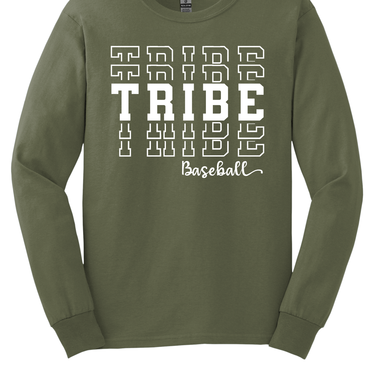 Imagine a stylish, top that has the word "Tribe" is prominently displayed in bold, stacked letters across the chest, capturing attention with its strong presence. Underneath, in a delicate and flowing cursive font, the word "baseball" is written smaller, adding a touch of elegance to the design. The overall look combines a sporty vibe with a sense of community, perfect for fans of the Jackson Tribe Baseball team. Shop at Gorgeousware.com