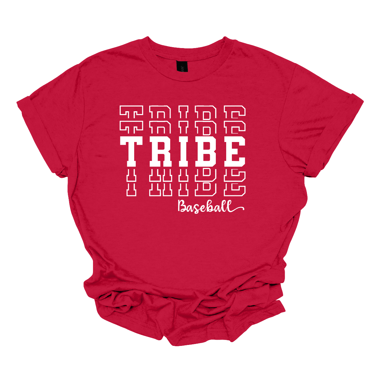 Imagine a stylish, top that has the word "Tribe" is prominently displayed in bold, stacked letters across the chest, capturing attention with its strong presence. Underneath, in a delicate and flowing cursive font, the word "baseball" is written smaller, adding a touch of elegance to the design. The overall look combines a sporty vibe with a sense of community, perfect for fans of the Jackson Tribe Baseball team. Shop at Gorgeousware.com