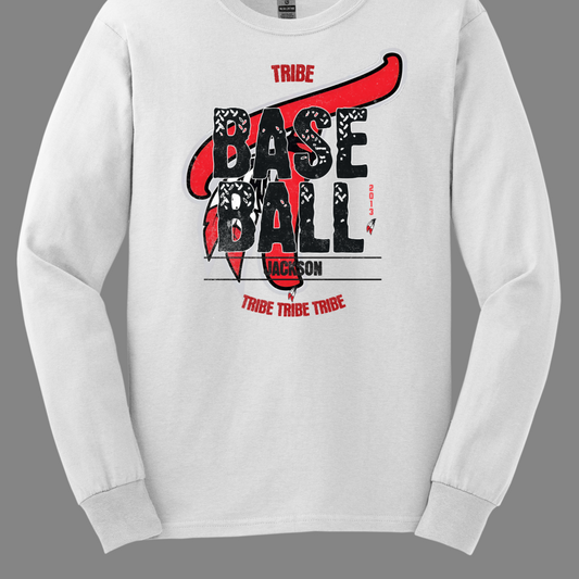 Imagine a vintage-inspired graphic tee with an old-school vibe. The shirt features a small red print of the word "Tribe" at the top, capturing a nostalgic essence. In the background, there's a large, eye-catching Tribe logo, rendered in a distressed style that adds character. Over this logo, the word "Baseball" is prominently displayed in a bold, textured font, evoking a sense of classic athleticism. Shop at Gorgeousware.com