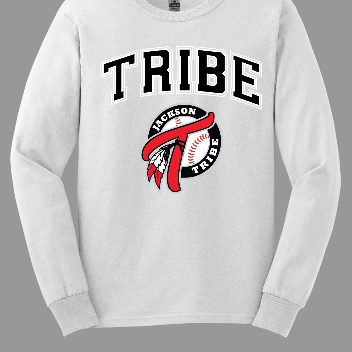 This clothing piece exudes an old-school collegiate vibe, perfect for fans of the Jackson Tribe. At the top, "Tribe" is displayed in a classic collegiate font, evoking a sense of tradition and team spirit. Just below, the Jackson Tribe logo is featured in a smaller size, adding a subtle yet stylish touch. Shop at Gorgeousware.com