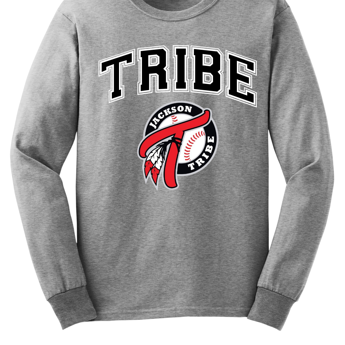 This clothing piece exudes an old-school collegiate vibe, perfect for fans of the Jackson Tribe. At the top, "Tribe" is displayed in a classic collegiate font, evoking a sense of tradition and team spirit. Just below, the Jackson Tribe logo is featured in a smaller size, adding a subtle yet stylish touch. Shop at Gorgeousware.com