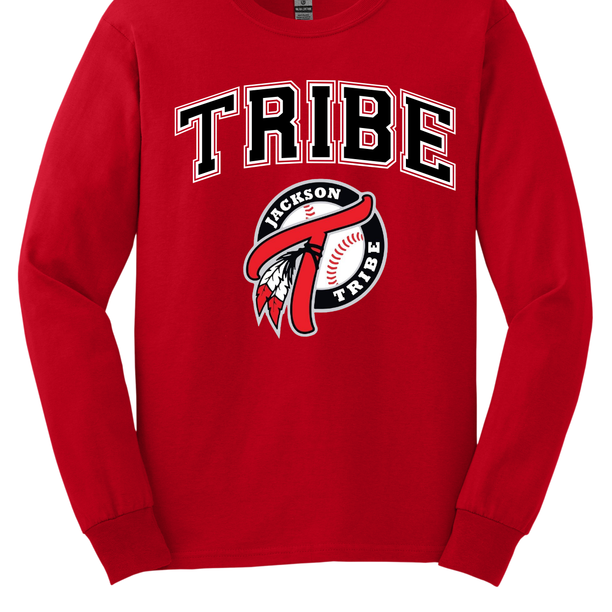 This clothing piece exudes an old-school collegiate vibe, perfect for fans of the Jackson Tribe. At the top, "Tribe" is displayed in a classic collegiate font, evoking a sense of tradition and team spirit. Just below, the Jackson Tribe logo is featured in a smaller size, adding a subtle yet stylish touch. Shop at Gorgeousware.com