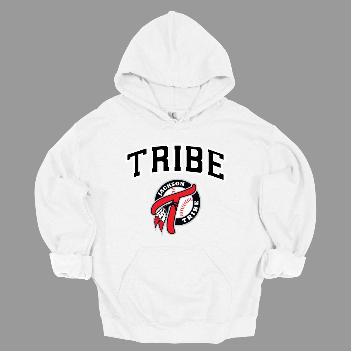 This clothing piece exudes an old-school collegiate vibe, perfect for fans of the Jackson Tribe. At the top, "Tribe" is displayed in a classic collegiate font, evoking a sense of tradition and team spirit. Just below, the Jackson Tribe logo is featured in a smaller size, adding a subtle yet stylish touch. Shop at Gorgeousware.com