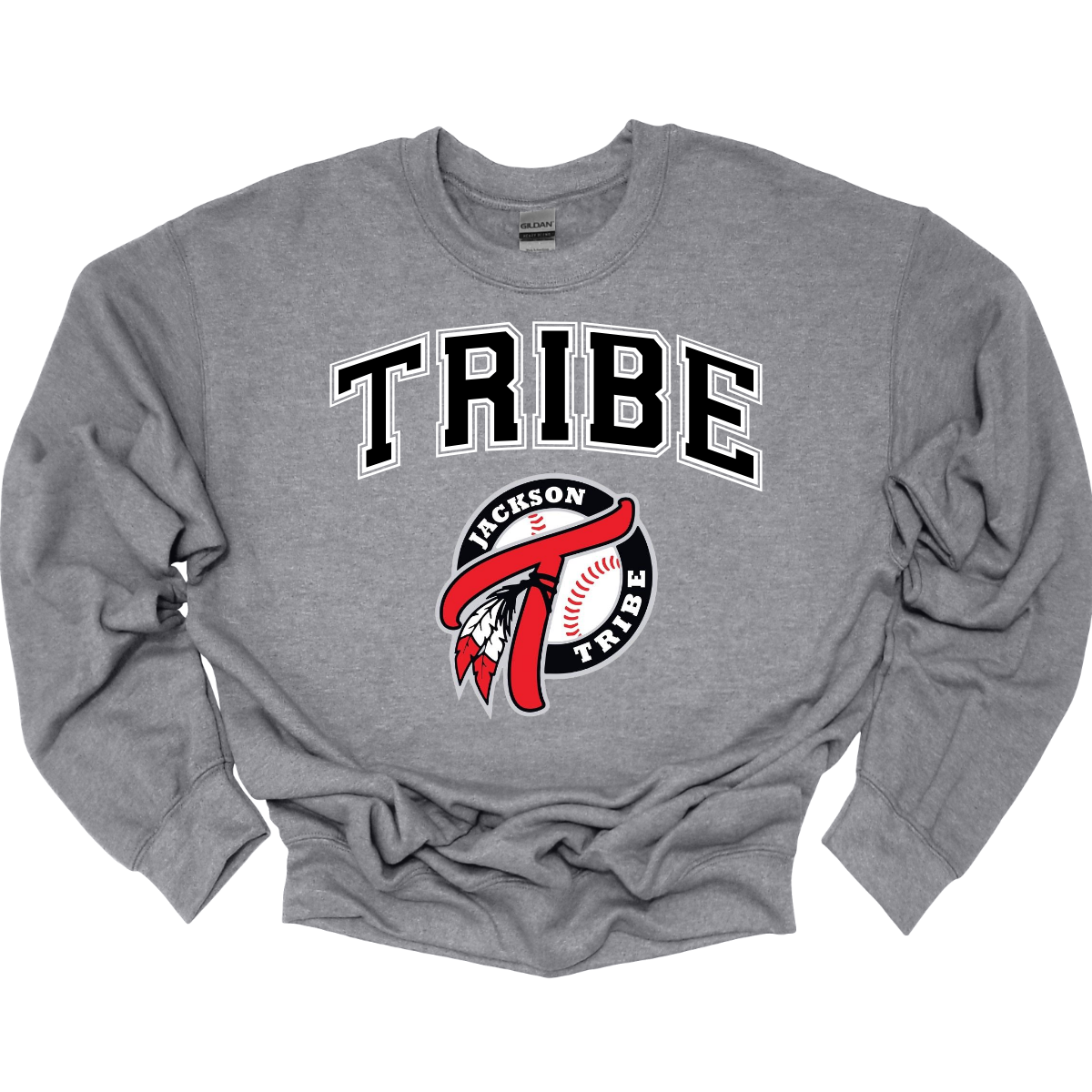 This clothing piece exudes an old-school collegiate vibe, perfect for fans of the Jackson Tribe. At the top, "Tribe" is displayed in a classic collegiate font, evoking a sense of tradition and team spirit. Just below, the Jackson Tribe logo is featured in a smaller size, adding a subtle yet stylish touch. Shop at Gorgeousware.com