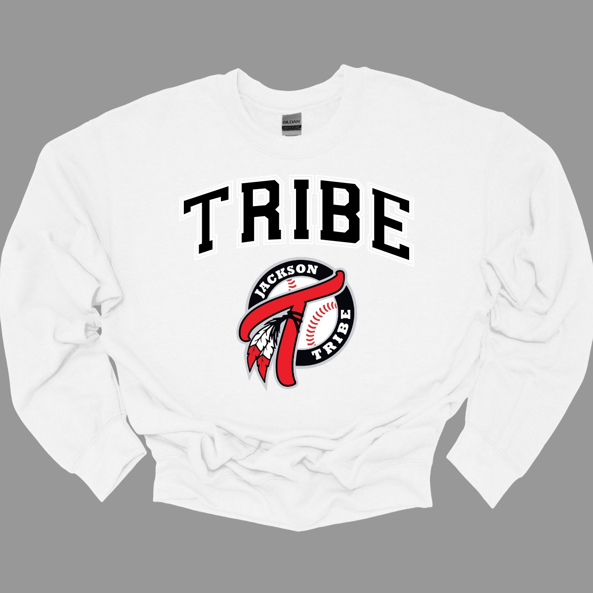 This clothing piece exudes an old-school collegiate vibe, perfect for fans of the Jackson Tribe. At the top, "Tribe" is displayed in a classic collegiate font, evoking a sense of tradition and team spirit. Just below, the Jackson Tribe logo is featured in a smaller size, adding a subtle yet stylish touch. Shop at Gorgeousware.com