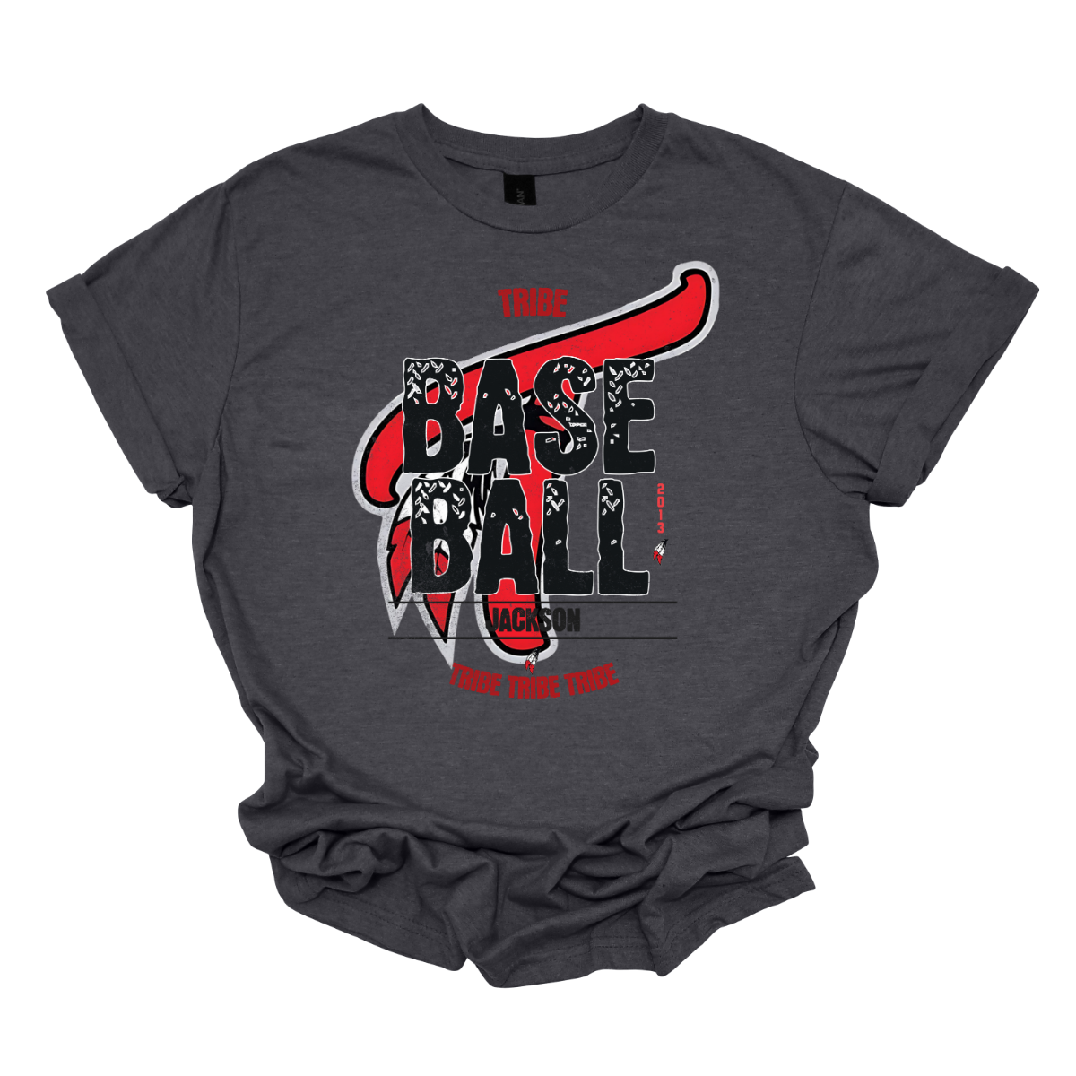 Imagine a vintage-inspired graphic tee with an old-school vibe. The shirt features a small red print of the word "Tribe" at the top, capturing a nostalgic essence. In the background, there's a large, eye-catching Tribe logo, rendered in a distressed style that adds character. Over this logo, the word "Baseball" is prominently displayed in a bold, textured font, evoking a sense of classic athleticism. Shop at Gorgeousware.com