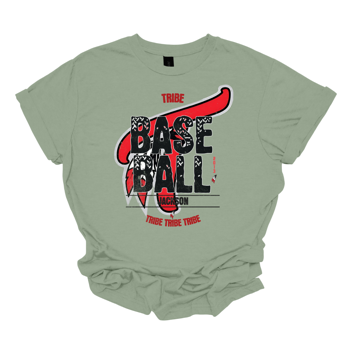 Imagine a vintage-inspired graphic tee with an old-school vibe. The shirt features a small red print of the word "Tribe" at the top, capturing a nostalgic essence. In the background, there's a large, eye-catching Tribe logo, rendered in a distressed style that adds character. Over this logo, the word "Baseball" is prominently displayed in a bold, textured font, evoking a sense of classic athleticism. Shop at Gorgeousware.com