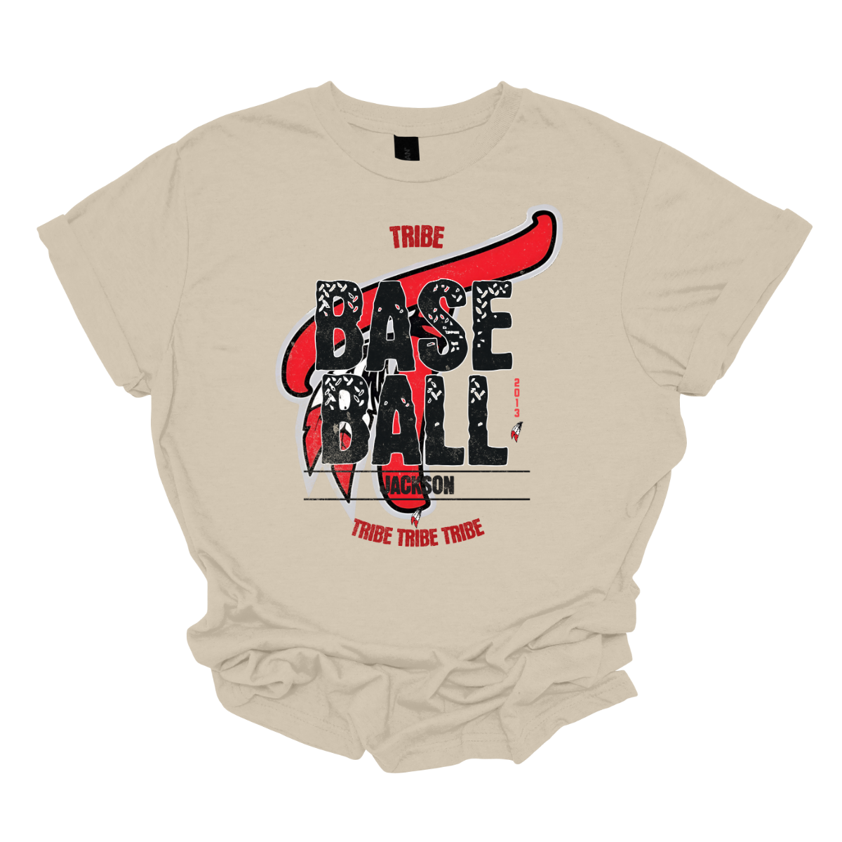 Imagine a vintage-inspired graphic tee with an old-school vibe. The shirt features a small red print of the word "Tribe" at the top, capturing a nostalgic essence. In the background, there's a large, eye-catching Tribe logo, rendered in a distressed style that adds character. Over this logo, the word "Baseball" is prominently displayed in a bold, textured font, evoking a sense of classic athleticism. Shop at Gorgeousware.com