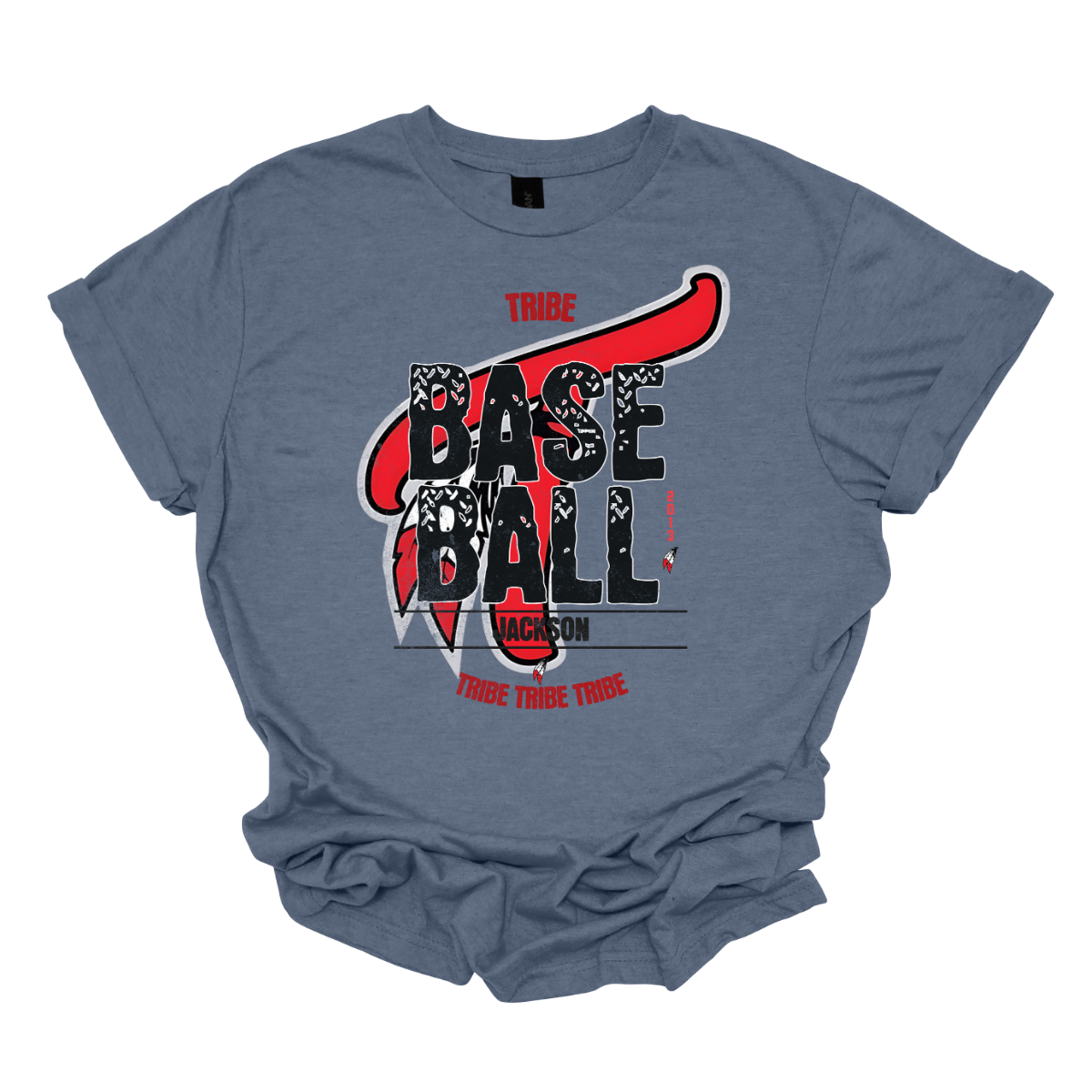 Imagine a vintage-inspired graphic tee with an old-school vibe. The shirt features a small red print of the word "Tribe" at the top, capturing a nostalgic essence. In the background, there's a large, eye-catching Tribe logo, rendered in a distressed style that adds character. Over this logo, the word "Baseball" is prominently displayed in a bold, textured font, evoking a sense of classic athleticism. Shop at Gorgeousware.com