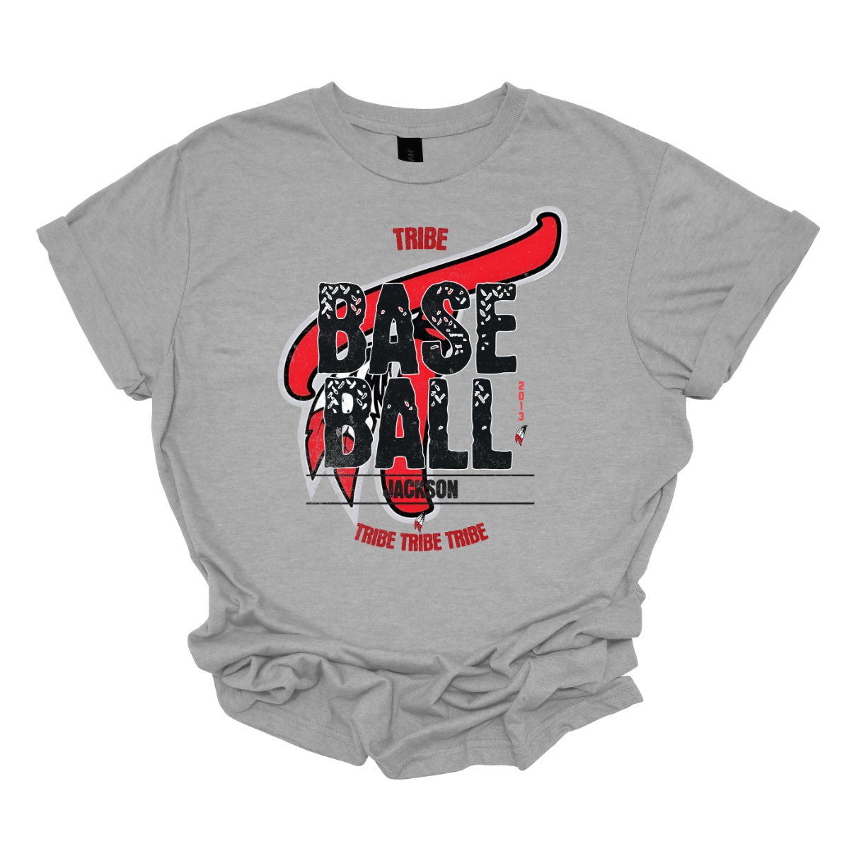 Imagine a vintage-inspired graphic tee with an old-school vibe. The shirt features a small red print of the word "Tribe" at the top, capturing a nostalgic essence. In the background, there's a large, eye-catching Tribe logo, rendered in a distressed style that adds character. Over this logo, the word "Baseball" is prominently displayed in a bold, textured font, evoking a sense of classic athleticism. Shop at Gorgeousware.com