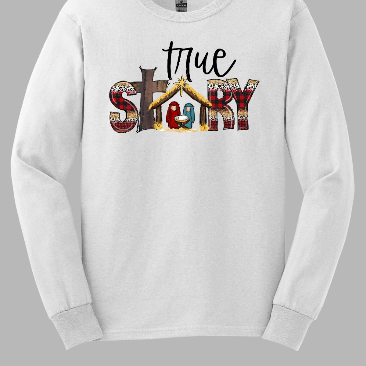 The T-shirt design features the phrase "True Story" in a distinctive and meaningful way. The word "True" is written in an elegant, flowing cursive font that adds a touch of sophistication and personal flair. The word "Story" is presented in a bold, straightforward font for contrast and clarity. Shop Gorgeousware.com