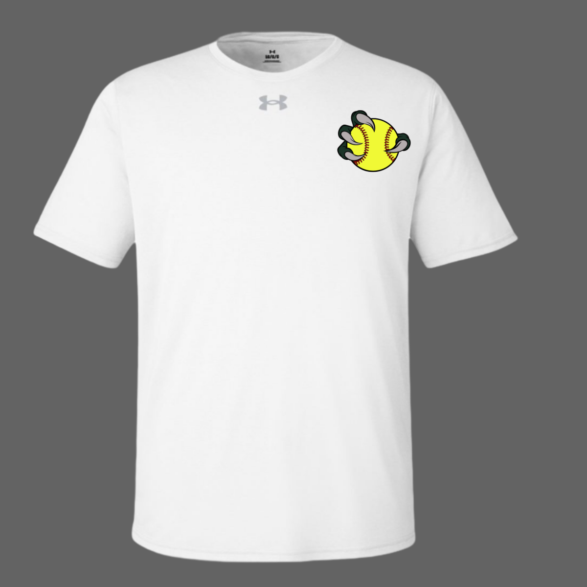 White t-shirt with a graphic of a claw holding a softball on a gray background