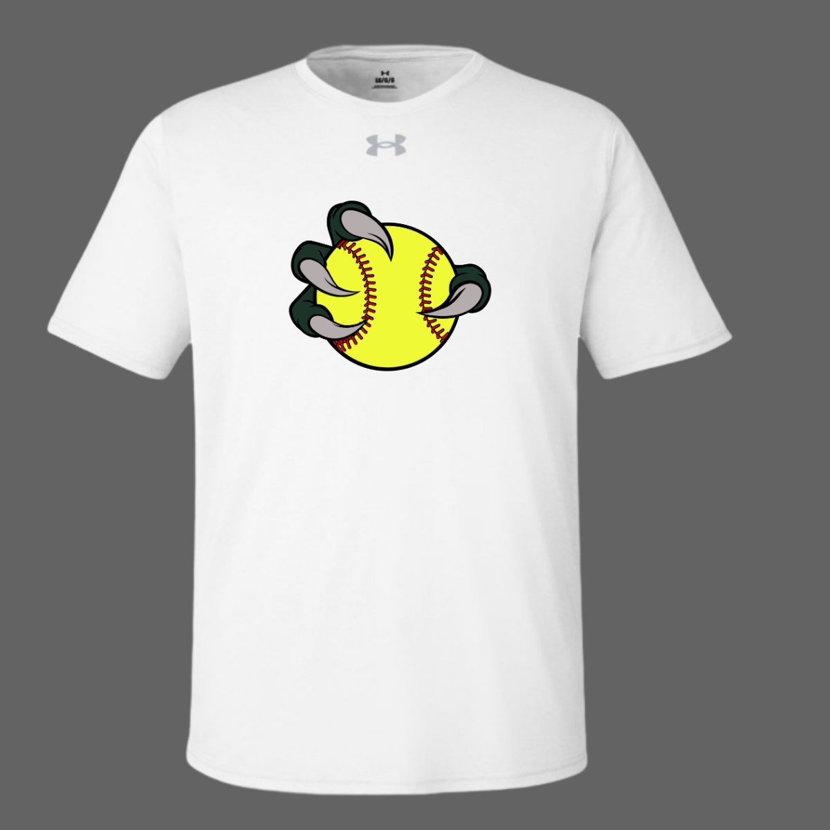 White t-shirt with a graphic of a softball and claw on a gray background