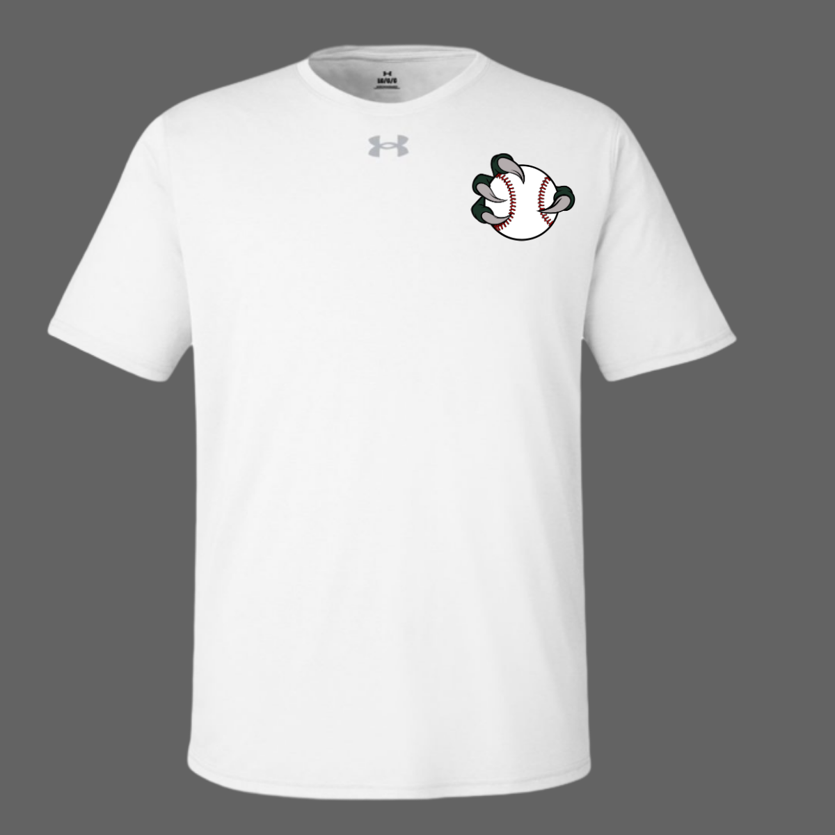 White t-shirt with a baseball and glove graphic on a gray background