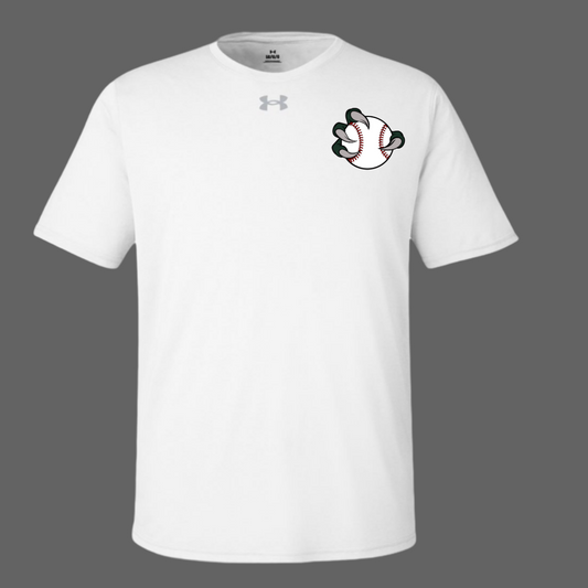White t-shirt with a baseball and glove graphic on a gray background