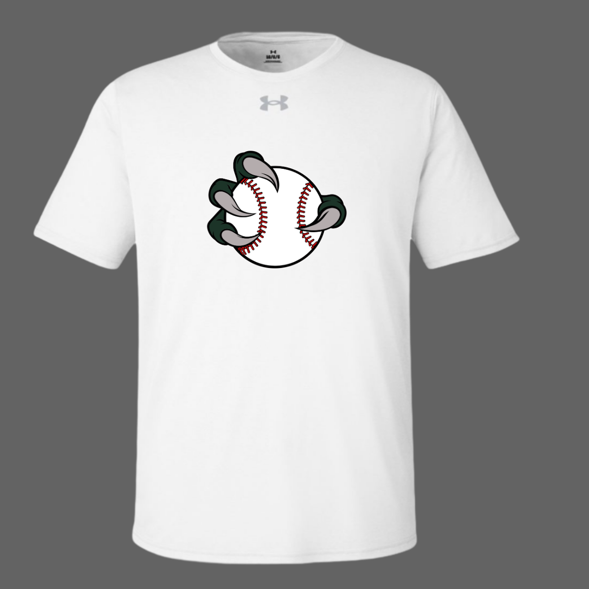 White t-shirt with a graphic of a baseball and glove on a gray background