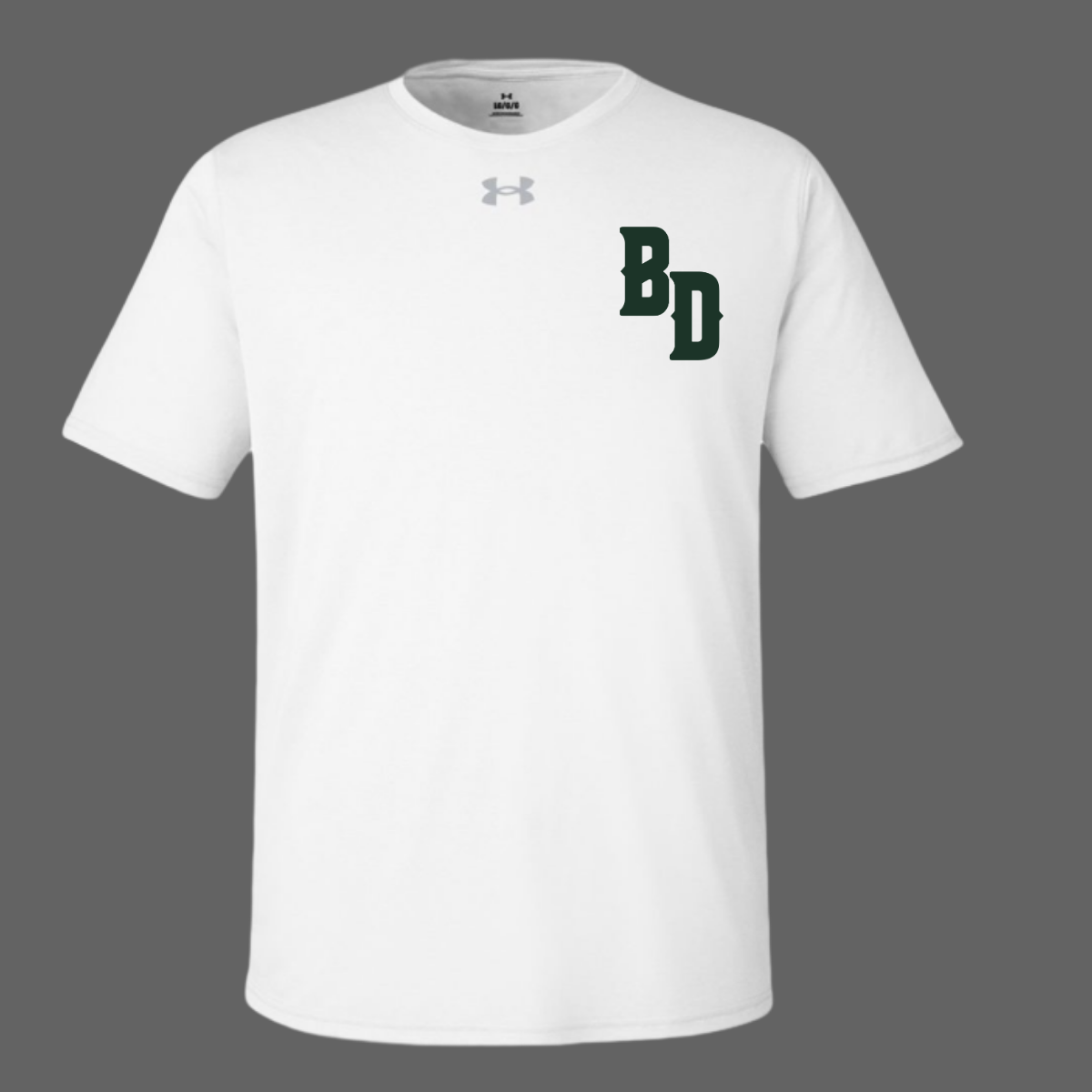 White t-shirt with 'BD' logo on a gray background