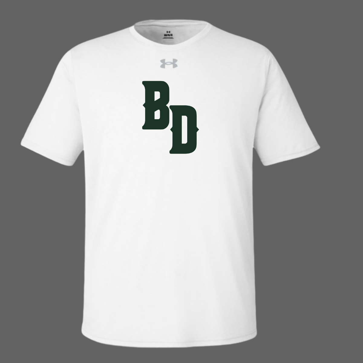 White t-shirt with 'BD' logo on a gray background