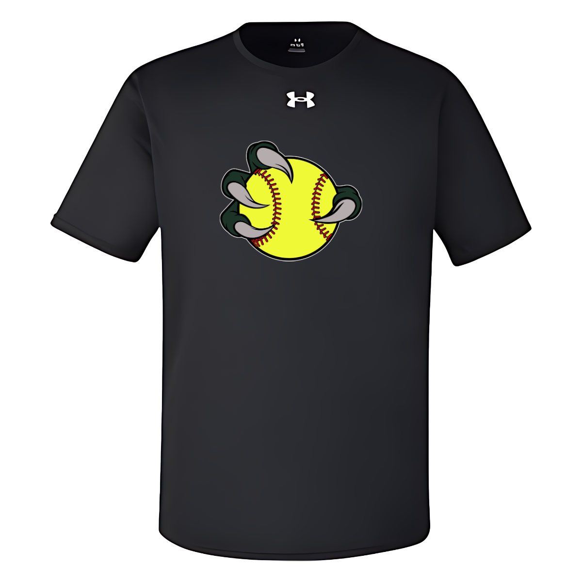 Black t-shirt with a yellow softball graphic and Under Armour logo on a white background