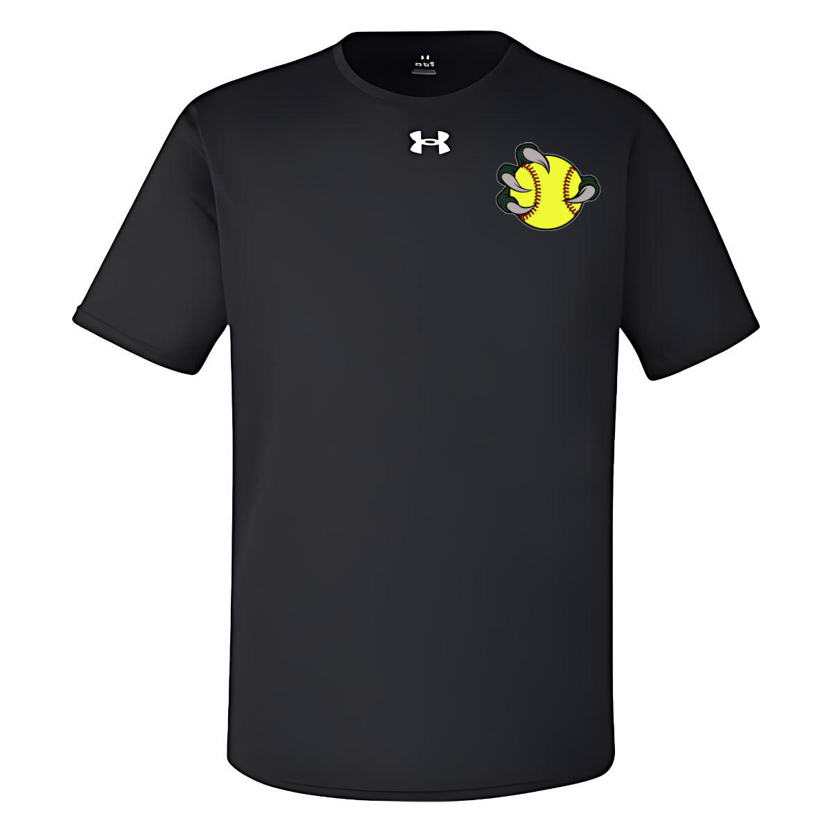 Black t-shirt with a yellow and green graphic on a white background