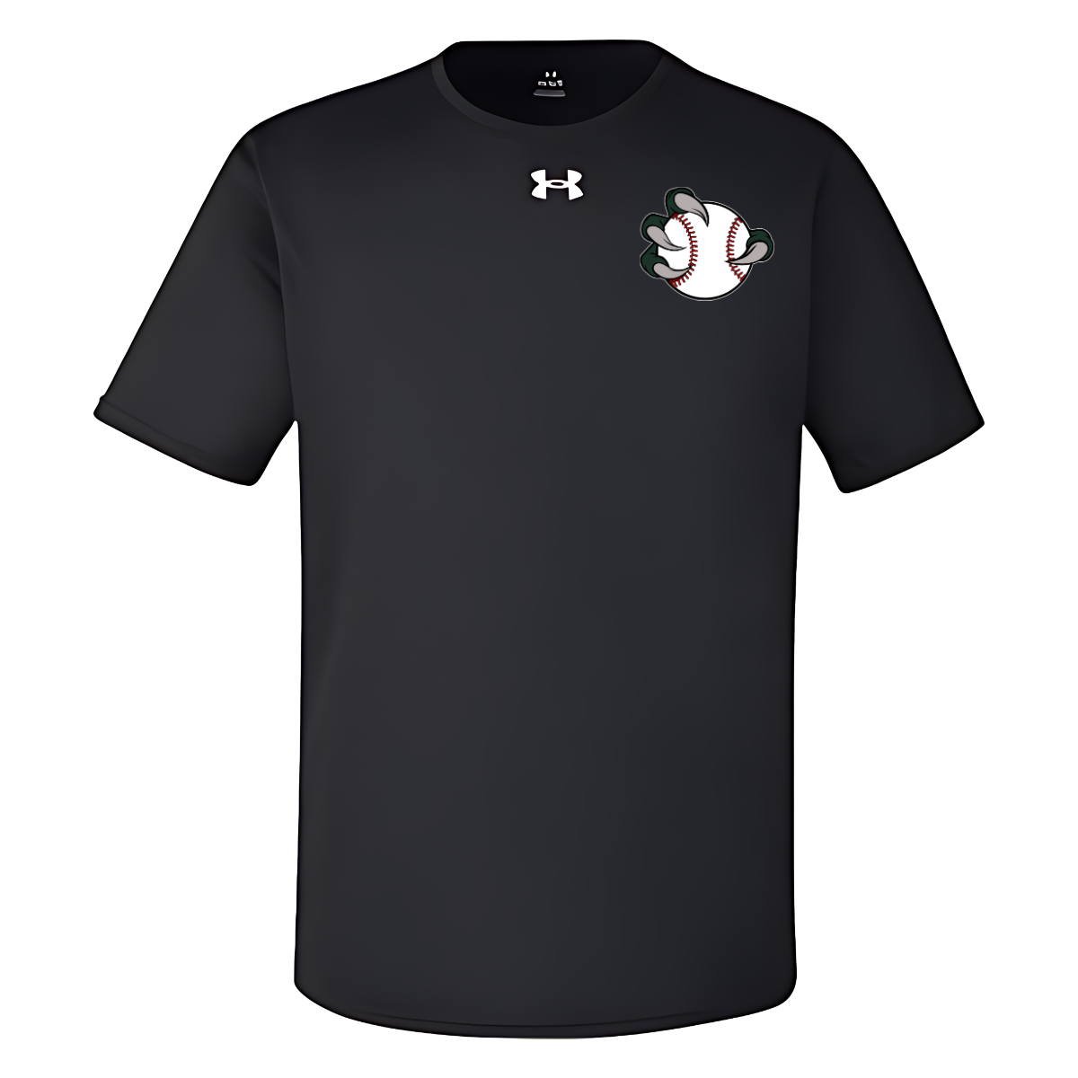 Black t-shirt with a baseball graphic and Under Armour logo on a white background