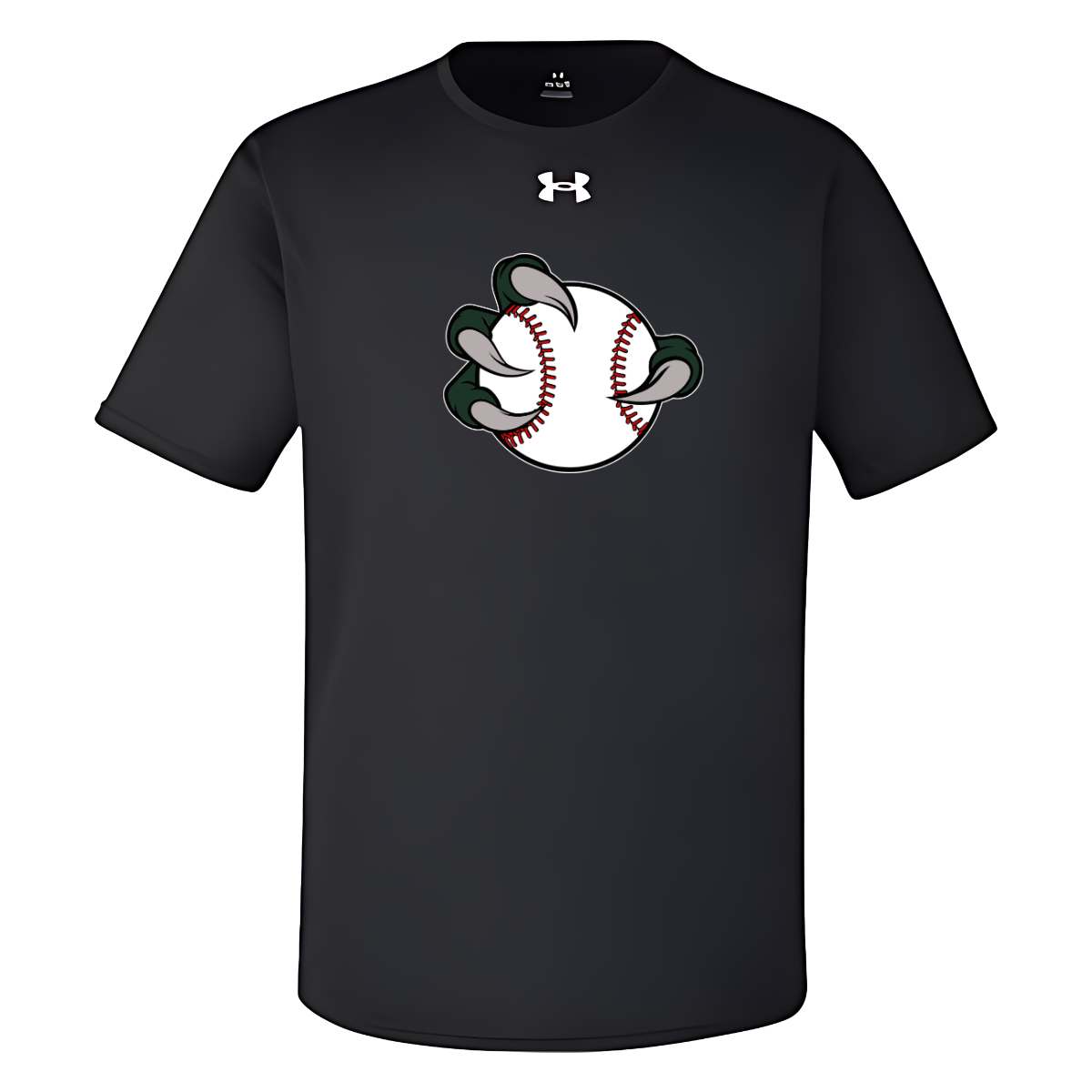 Black t-shirt with a baseball graphic and Under Armour logo on a white background