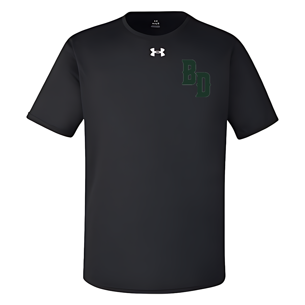 Black t-shirt with green logo and Under Armour logo on a white background