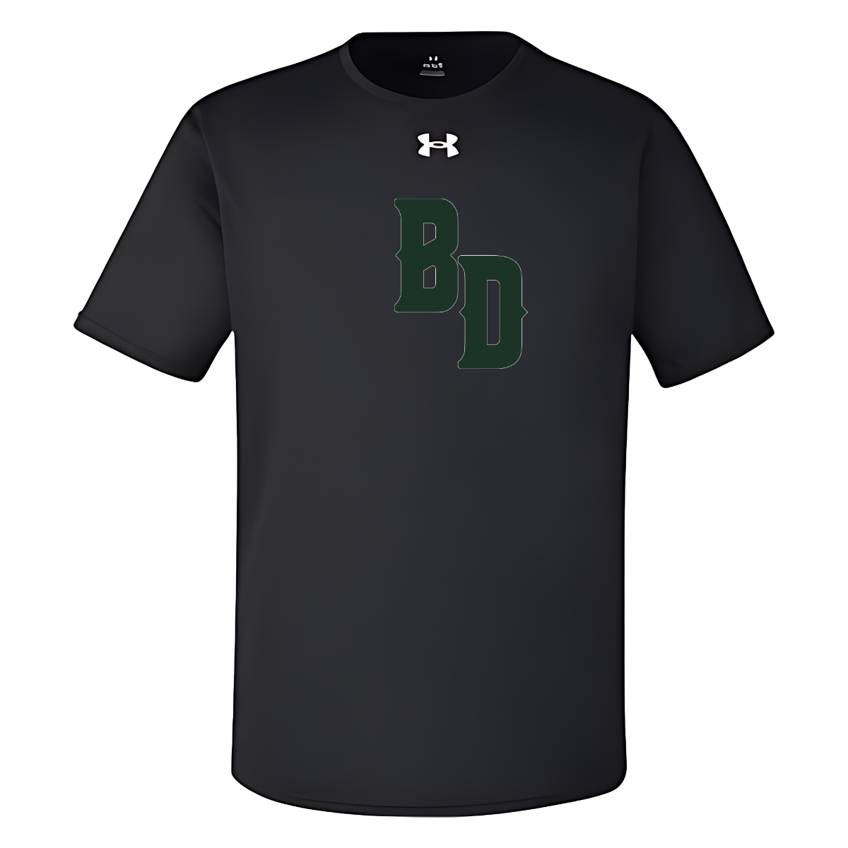 Black t-shirt with green logo and Under Armour logo on a white background