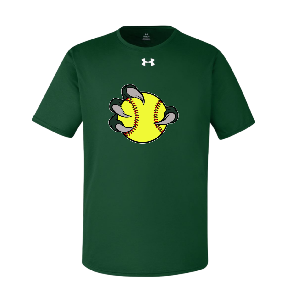 Green t-shirt with a yellow softball graphic and Under Armour logo on a white background