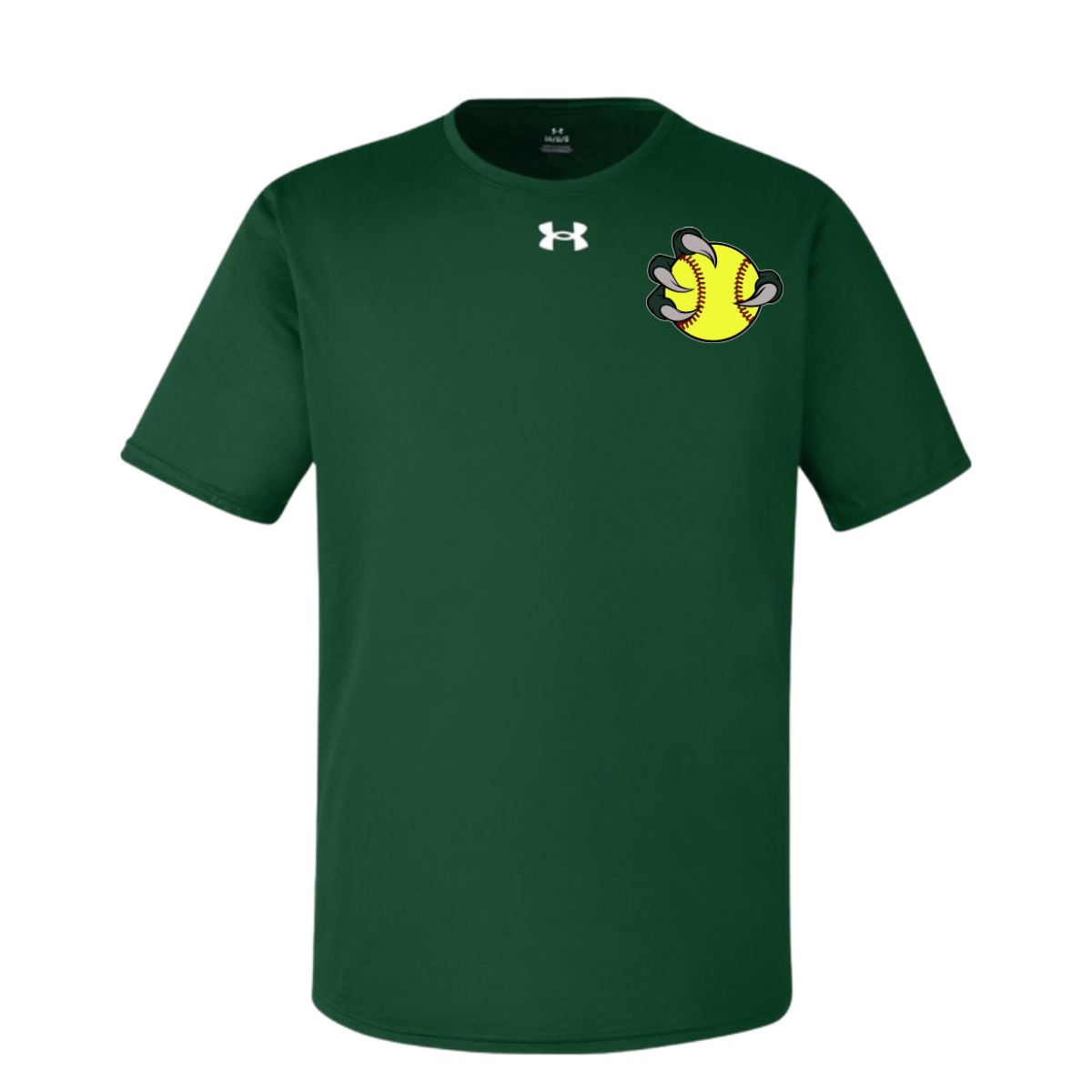 Green t-shirt with a softball design and Under Armour logo on a white background