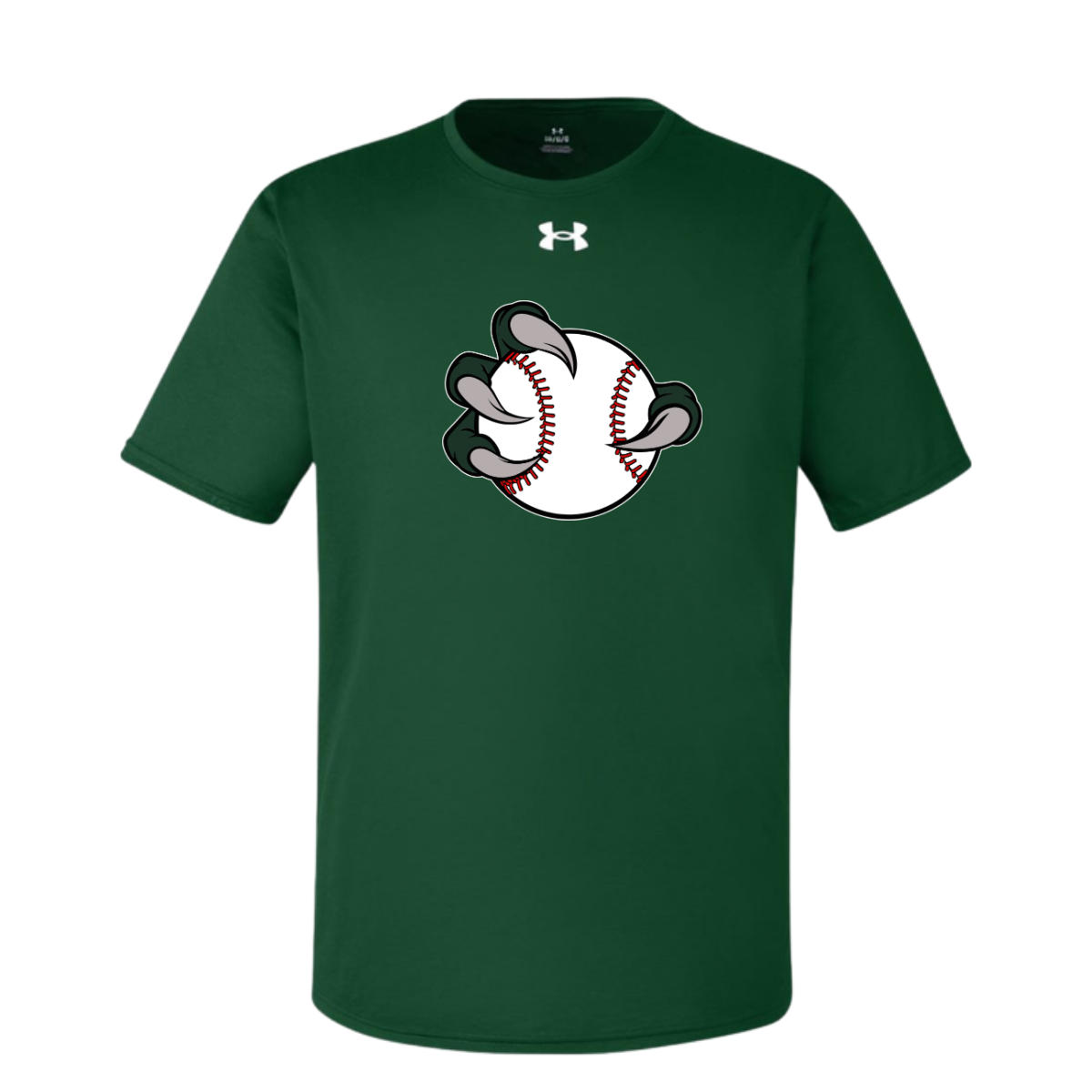 Green t-shirt with a baseball graphic and Under Armour logo on a white background