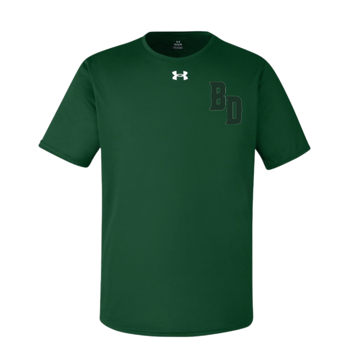 Green t-shirt with Under Armour logo and 'BD' initials on a white background