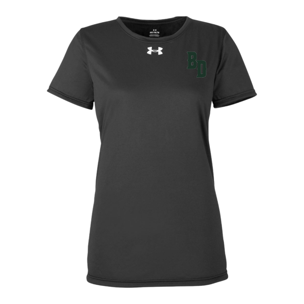 Black t-shirt with 'BD' text on a white background
