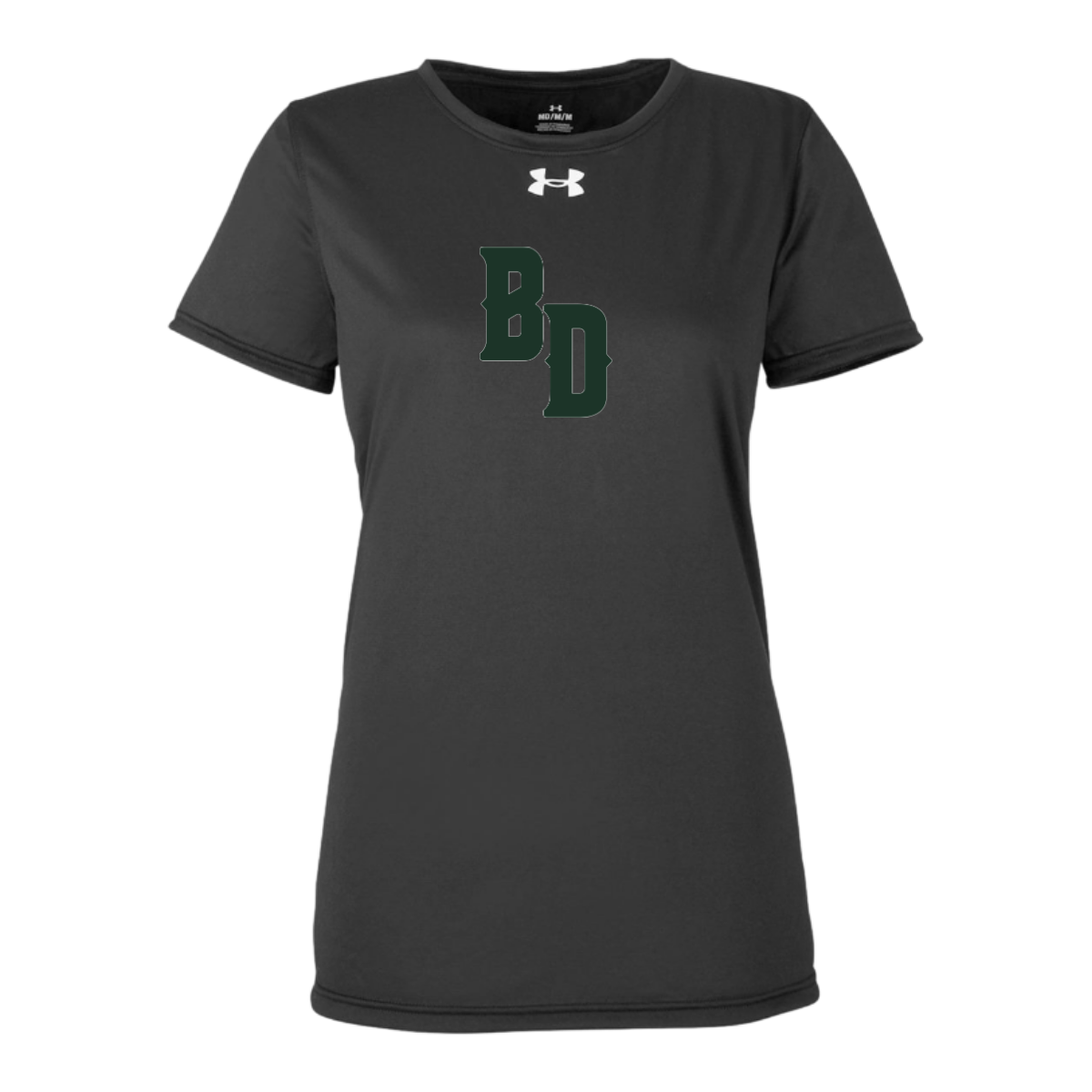 Black t-shirt with 'BD' logo and Under Armour emblem on a white background