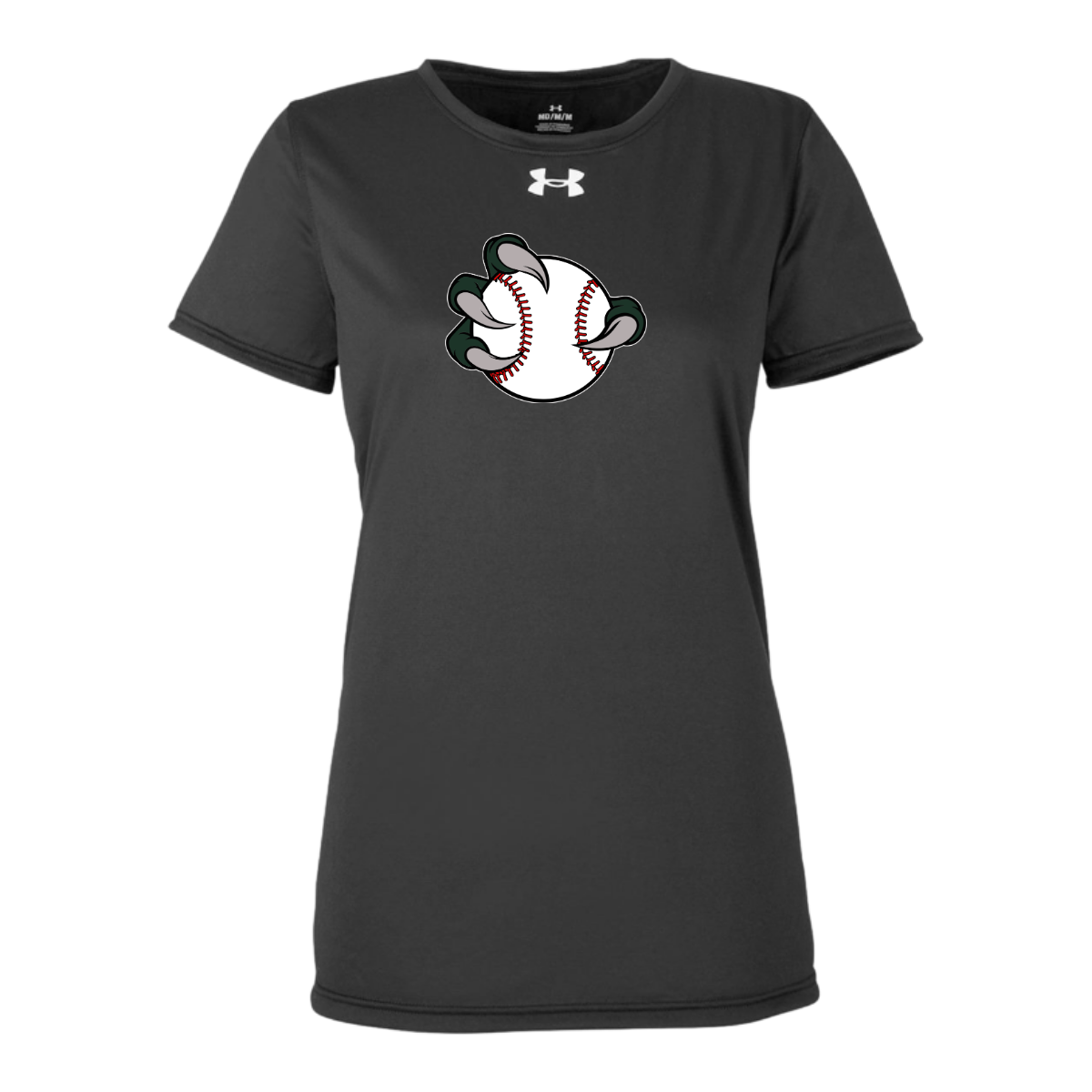 Black t-shirt with a baseball graphic and Under Armour logo on a white background