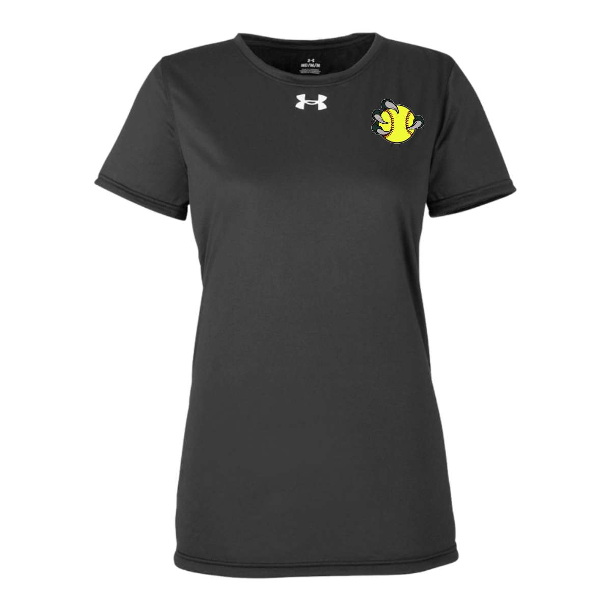 Black t-shirt with a logo on the chest against a white background