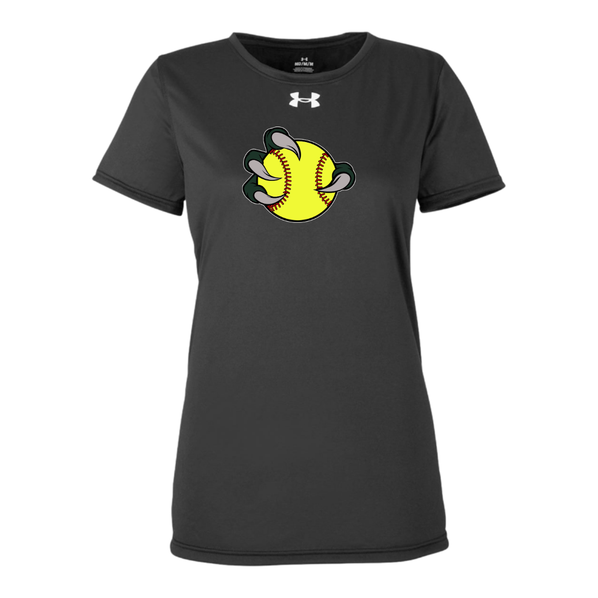 Black t-shirt with a yellow and green graphic on a white background