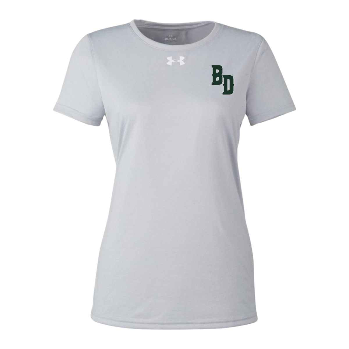 Gray t-shirt with a logo on the chest against a white background