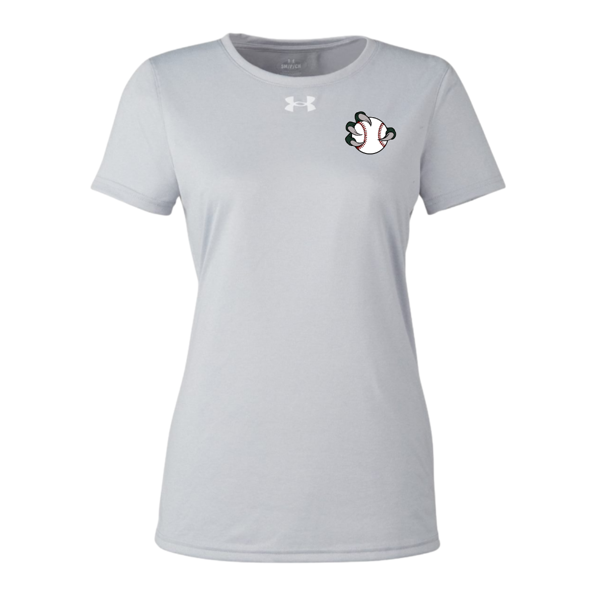 Gray t-shirt with a small logo on the chest against a white background