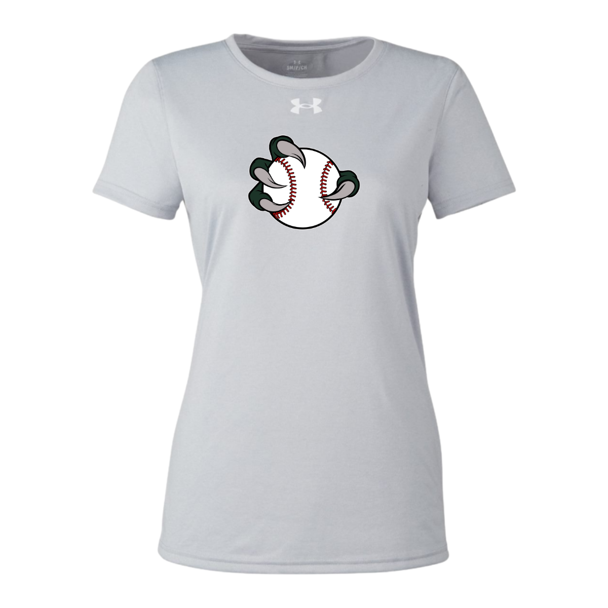 Gray t-shirt with a baseball graphic and Under Armour logo on a white background