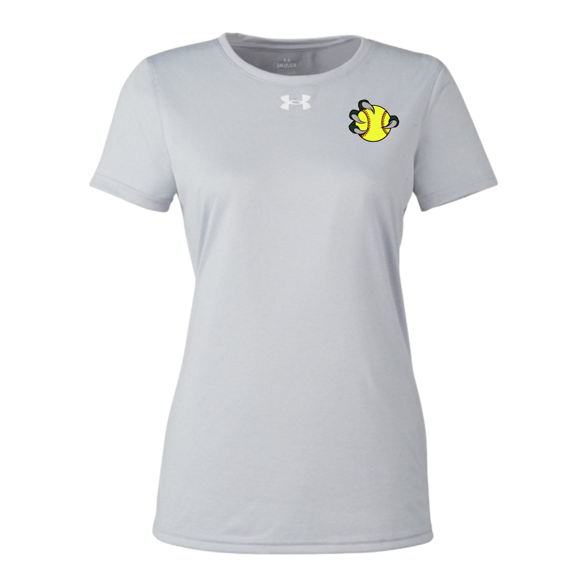 Gray t-shirt with a small logo on the chest against a white background
