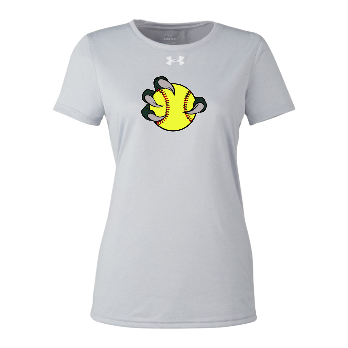 Gray t-shirt with a yellow softball graphic on a white background