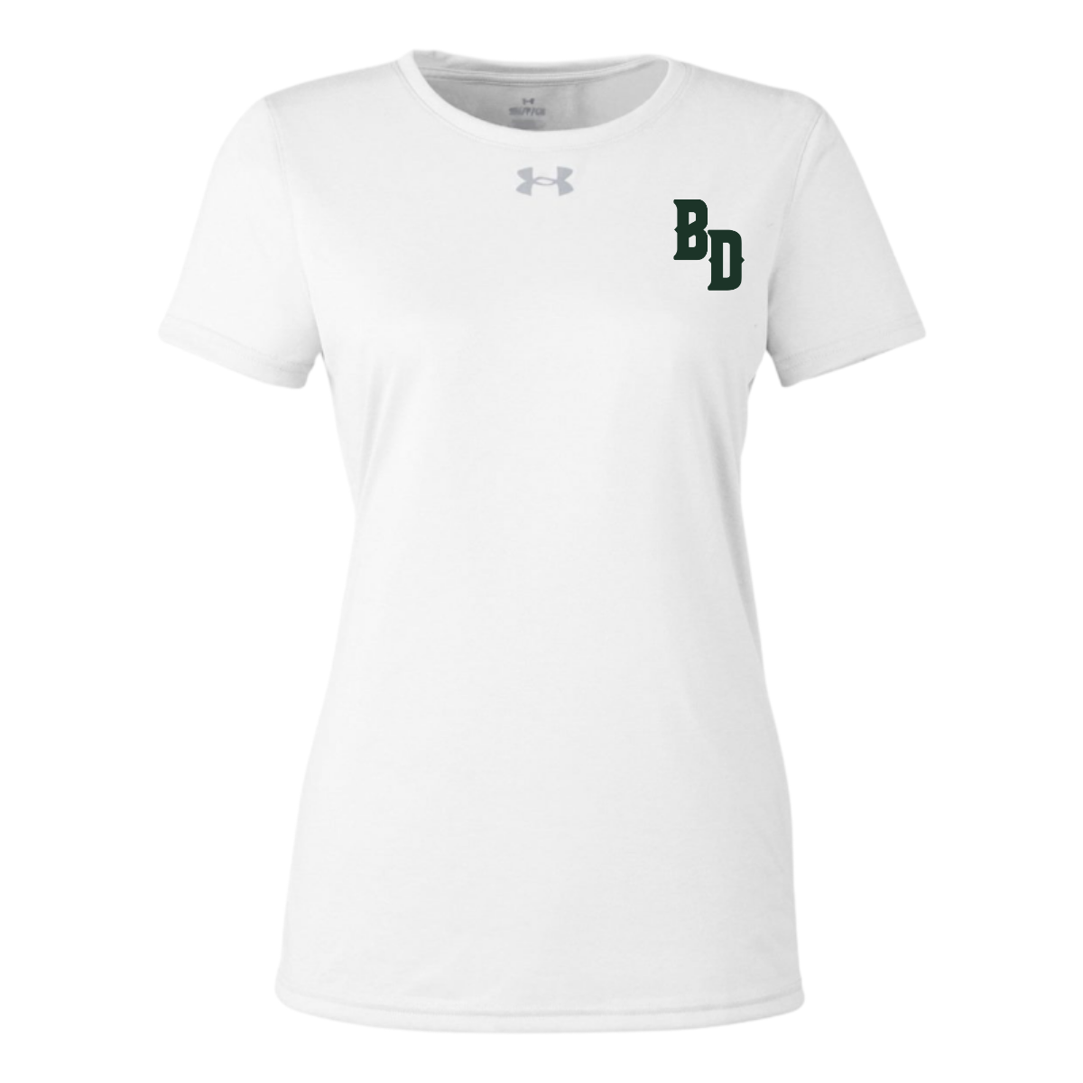 White t-shirt with a logo on the chest against a white background