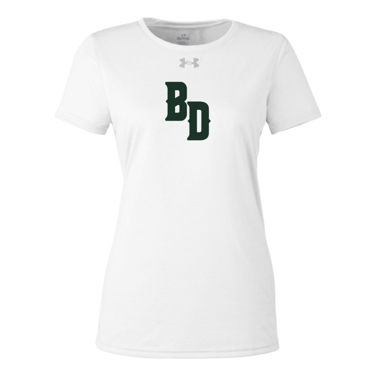 White t-shirt with 'BD' logo on a white background