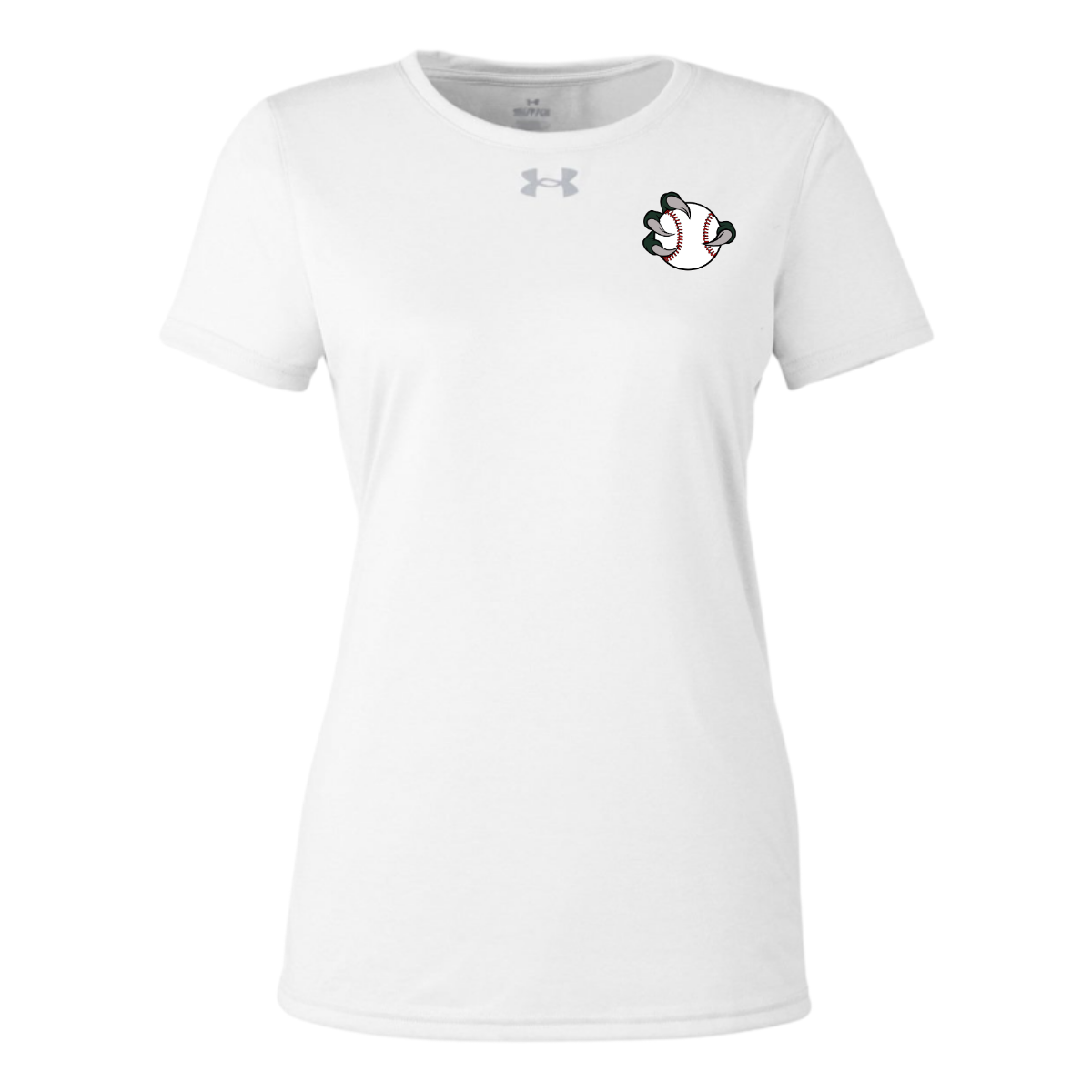 White t-shirt with a small logo on a white background