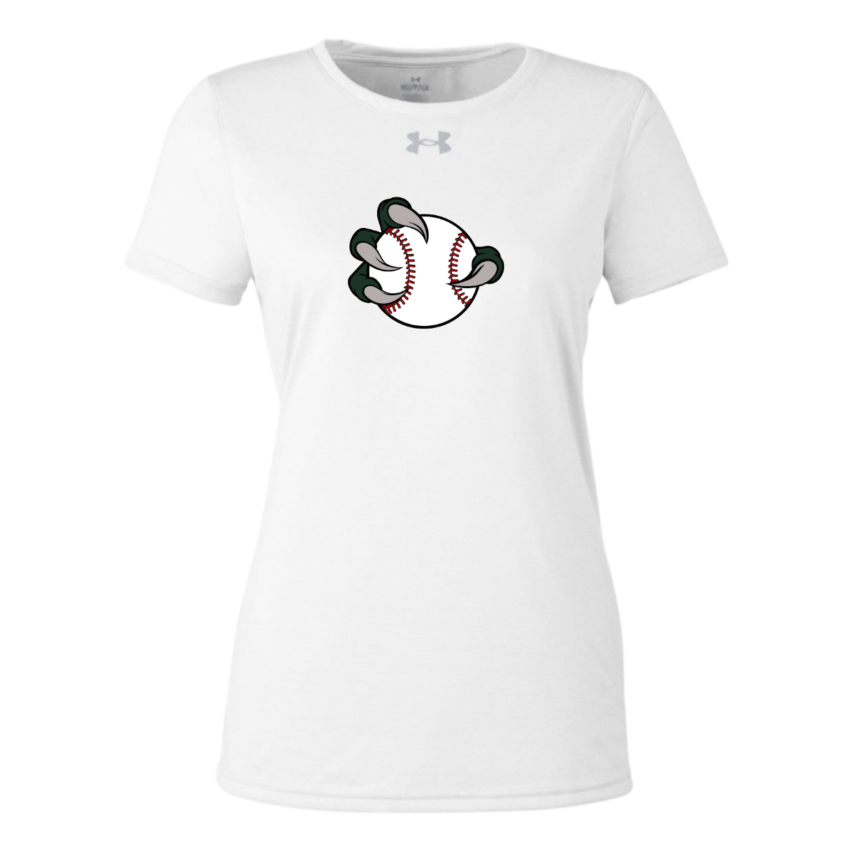 White t-shirt with a baseball and claw graphic on a white background