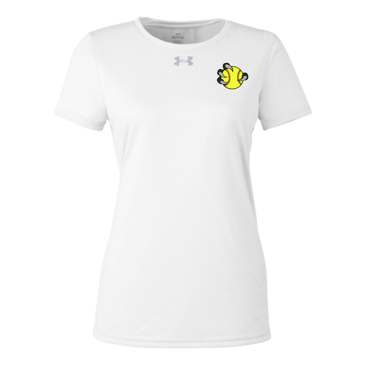 White t-shirt with a small logo on the chest against a white background