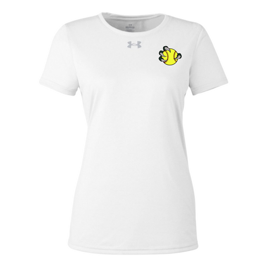 White t-shirt with a small logo on the chest against a white background