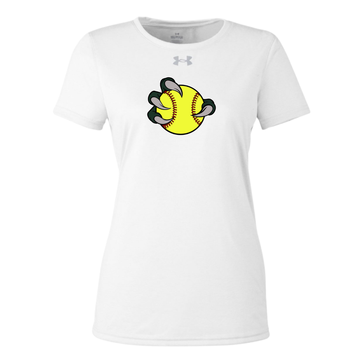White t-shirt with a yellow and black softball graphic on a white background