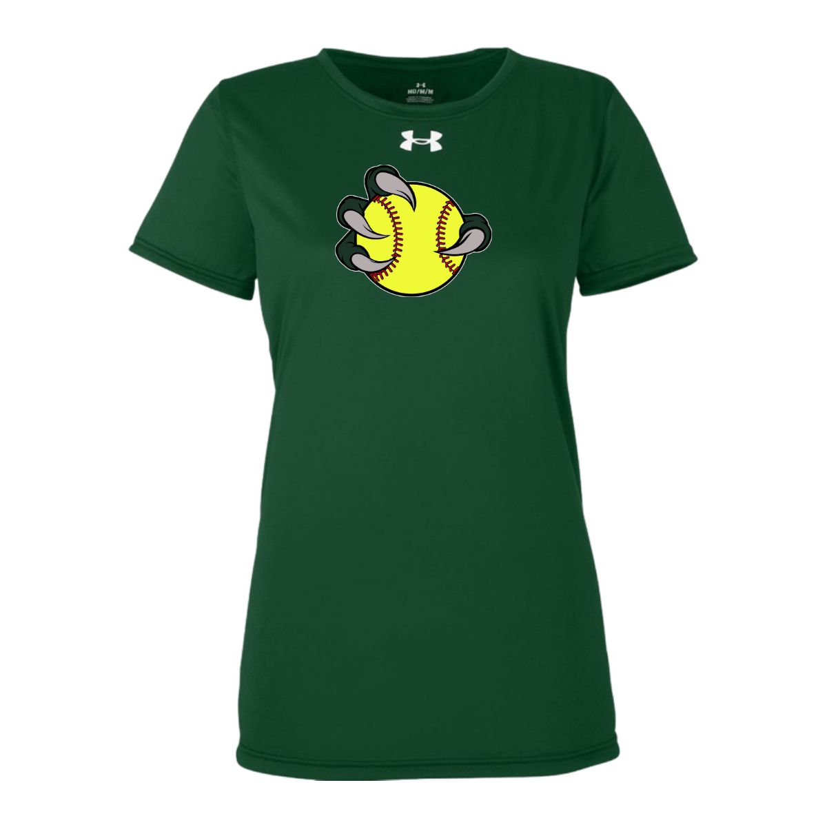 Green t-shirt with a yellow softball graphic on a white background